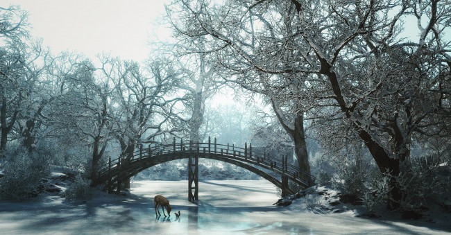 Обои картинки фото 3д графика, природа , nature, мост, река, лед, деревья, олень, белка, зима