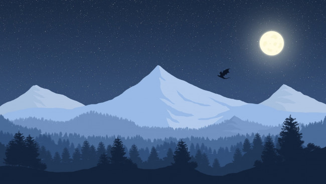Обои картинки фото векторная графика, природа , nature, снег, звёзды, небо, дракон, горы, пейзаж, луна