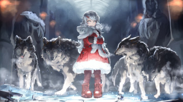 Картинка аниме животные +существа девочка волки