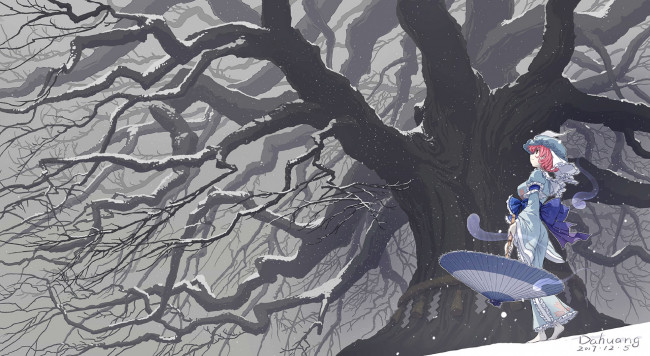 Обои картинки фото аниме, touhou, дерево, зима, девочка
