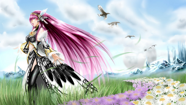 Обои картинки фото аниме, vocaloid, ромашки, цветы, трава, птицы, волосы, девушка