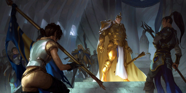 Обои картинки фото видео игры, league of legends,  legends of runeterra, король, воины, девушка, флаг