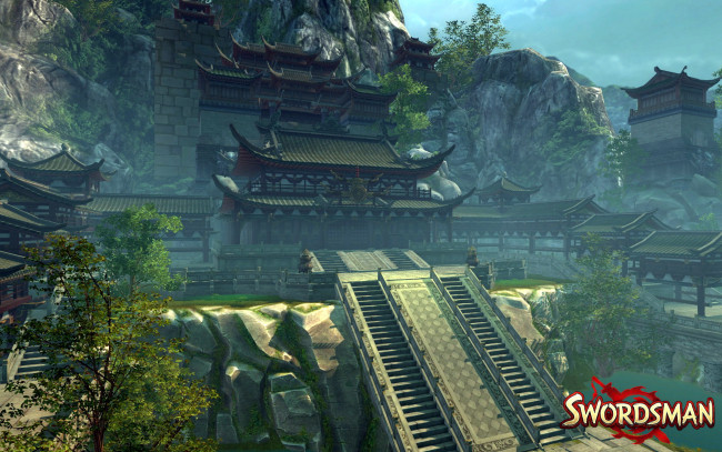 Обои картинки фото видео игры, swordsman, скалы, деревья, город