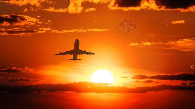Обои картинки фото авиация, пассажирские самолёты, самолет, полет, небо, закат