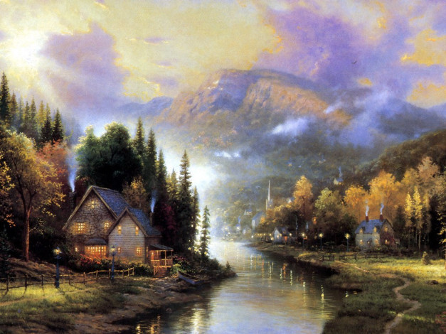 Обои картинки фото thomas, kinkade, рисованные, природа