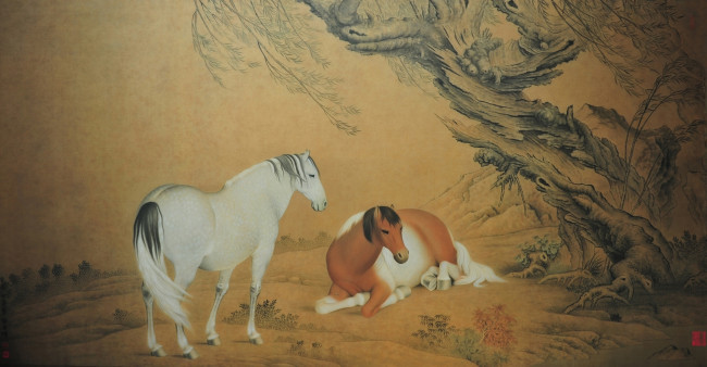 Обои картинки фото 602281, рисованные, животные, лошади, дерево, природа, пара, китайская, живопись
