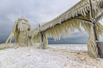 Картинка lake michigan природа стихия мороз маяк озеро мичиган лёд