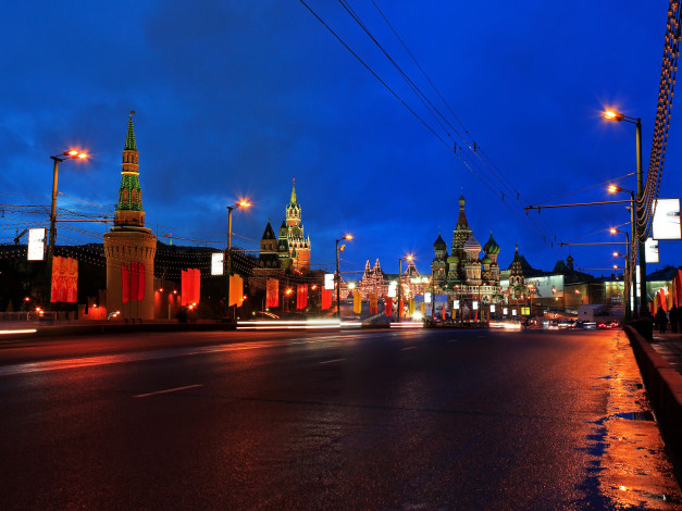 Обои картинки фото большой, москворецкий, мост, города, москва, россия, дома, река, огни, ночь