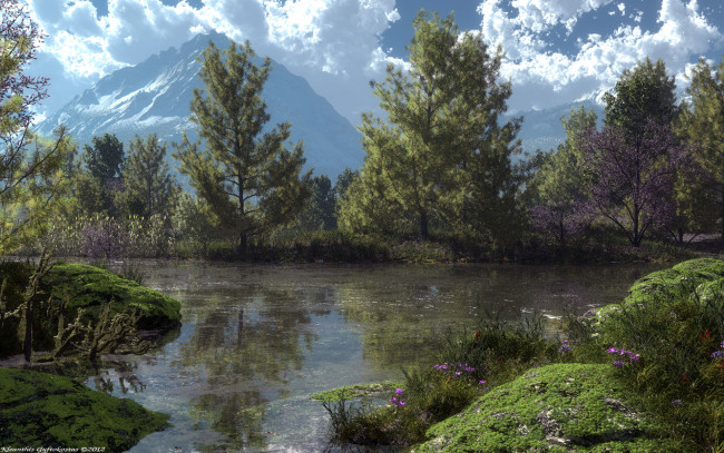 Обои картинки фото 3д, графика, nature, landscape, природа, деревья, горы, река, облака