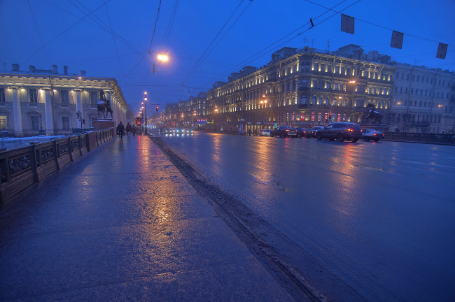 Обои картинки фото невский, проспект, города, санкт, петербург, петергоф, россия, огни, река, ночь