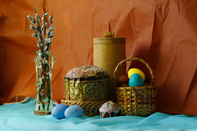Обои картинки фото праздничные, пасха, кулич, яйца, верба