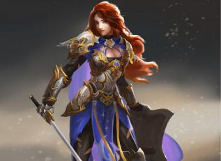 Картинка фэнтези девушки арт девушка красные волосы воин доспехи щит меч