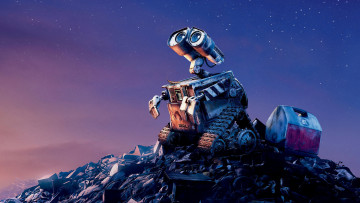 Картинка мультфильмы wall-e гора мусор свалка звезды небо мечта робот