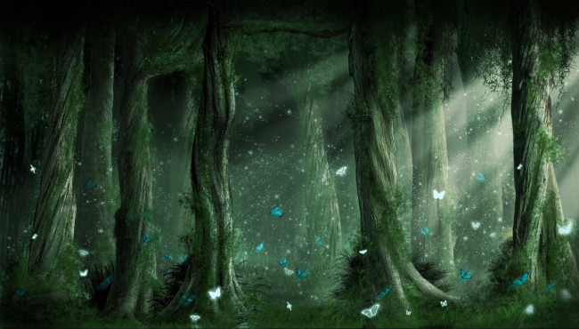 Обои картинки фото волшебный лес, фэнтези, пейзажи, сумерки, туман, сказка, бабочки, волшебный, лес