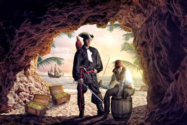 Обои картинки фото фэнтези, фотоарт, флибустьеры, деньги, сундук, пиратская, семья, пираты, пещера, берег