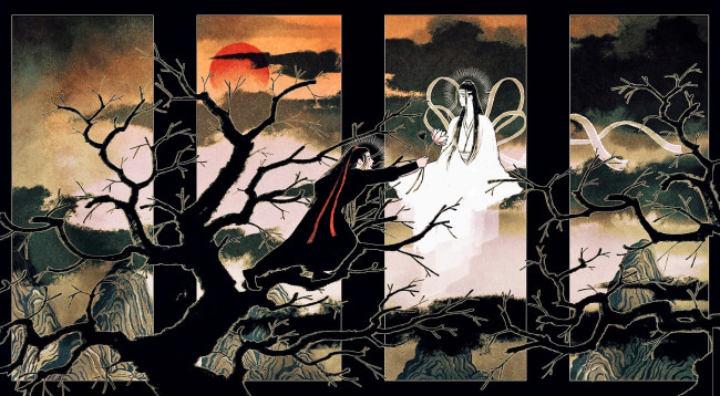 Обои картинки фото аниме, mo dao zu shi, вэй, усянь, лань, ванцзи, дерево, цветок