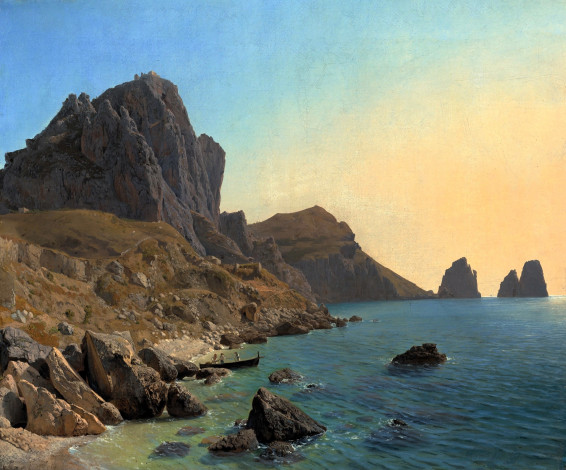 Обои картинки фото лев лагорио, рисованное, горы, море, лодка