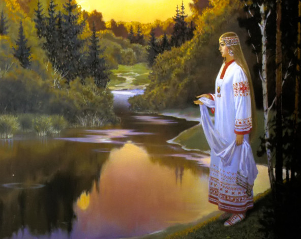 Обои картинки фото ольга у реки, рисованное, борис ольшанский, ольга, река, лес