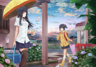 обоя аниме, *unknown, другое, девушки, зонт, цветы