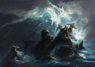 Картинка фэнтези существа битва море единорог нептун dehong he