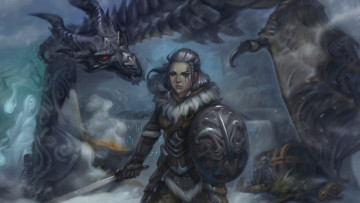 Картинка фэнтези красавицы чудовища дракон воительница девушка