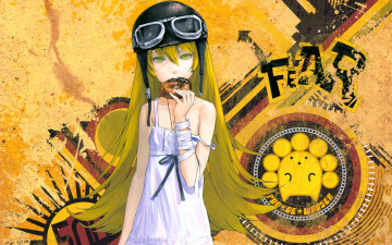 Картинка аниме bakemonogatari oshino+shinobu девушка платье шлем пончик еда бинт надпись