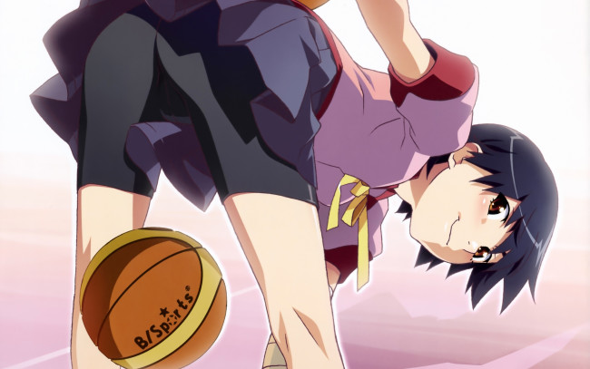 Обои картинки фото аниме, bakemonogatari, kanbaru suruga, девушка, баскетбольный мяч, форма, бинт, шорты, лента