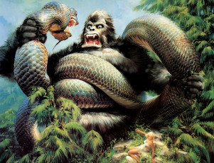 Картинка king kong рисованные комиксы обезьяна змея девушка джунгли