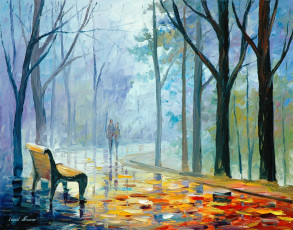 Картинка рисованные leonid+afremov парень пара люди осень листья деревья лавочка живопись девушка leonid afremov