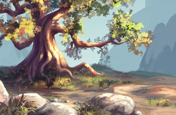 Картинка рисованные природа дерево камни корни горы