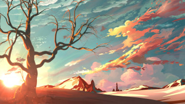 Картинка рисованные природа облака деревья