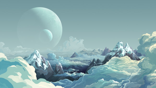 Обои картинки фото рисованные, природа, облака, планеты, снег, горы
