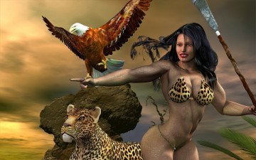 обоя 3д графика, амазонки , amazon, орел, леопард, фон, взгляд, девушка
