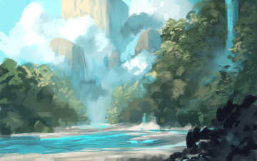 Картинка рисованное природа горы река