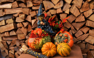 обоя праздничные, хэллоуин, тыква, дрова, ведьма, кукуруза, рябина