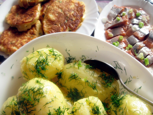 Обои картинки фото еда, разное, картошка, укроп, оладьи, селедка