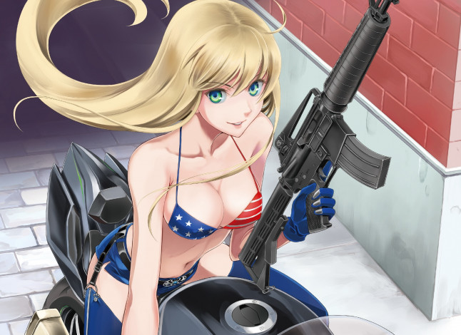 Обои картинки фото аниме, оружие,  техника,  технологии, девушка, пулемёт
