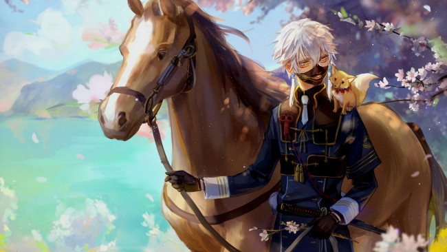 Обои картинки фото аниме, touken ranbu, парень, лошадь