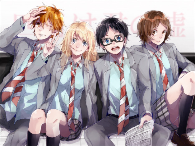 Обои картинки фото аниме, shigatsu wa kimi no uso, фон, взгляд, девушки