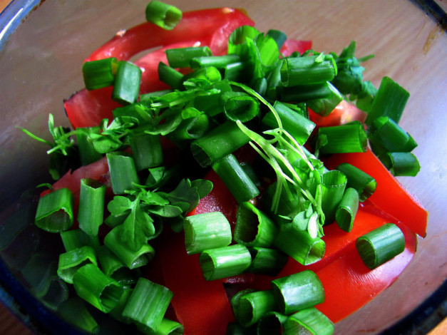 Обои картинки фото еда, салаты,  закуски, помидоры, зеленый, лук, салат