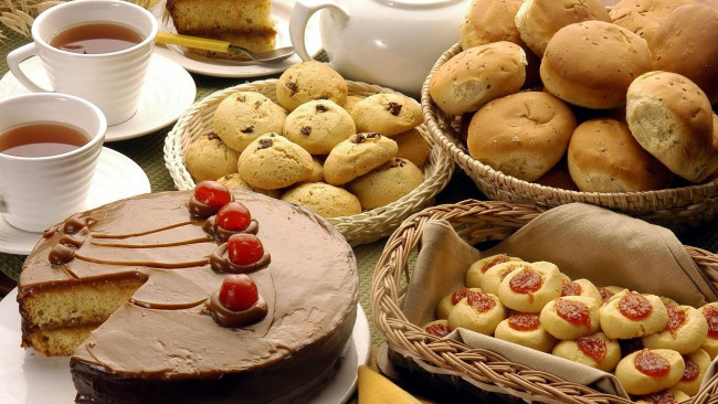 Обои картинки фото еда, хлеб,  выпечка, булочки, чаепитие, пирог