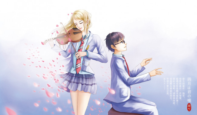 Обои картинки фото аниме, shigatsu wa kimi no uso, фон, взгляд, девушки