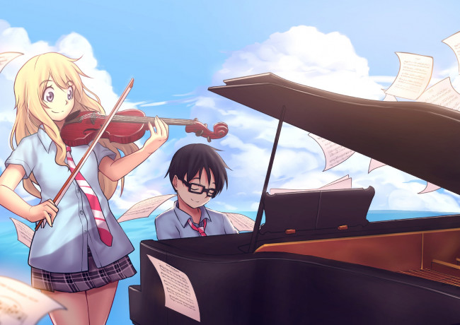 Обои картинки фото аниме, shigatsu wa kimi no uso, девушка, взгляд, фон