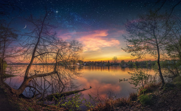 Картинка природа реки озера деревья звезды отражение небо река