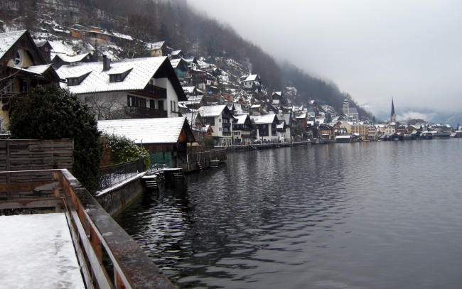 Обои картинки фото города, гальштат , австрия, озеро, зима, горы