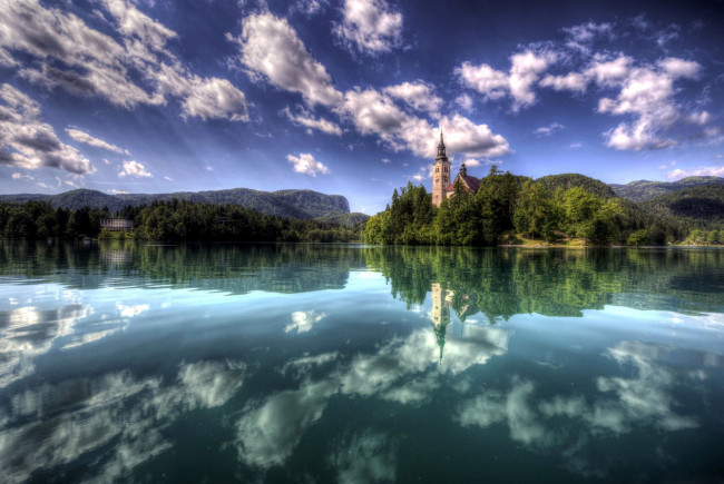 Обои картинки фото города, блед , словения, остров, отражение, озеро