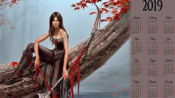 Картинка календари фэнтези листья дерево оружие взгляд девушка