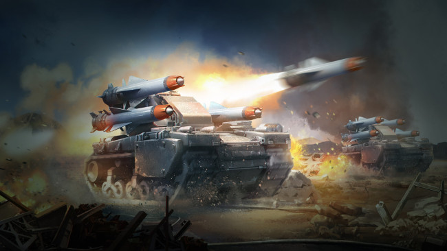 Обои картинки фото видео игры, battalion wars, ракета, фон, танк