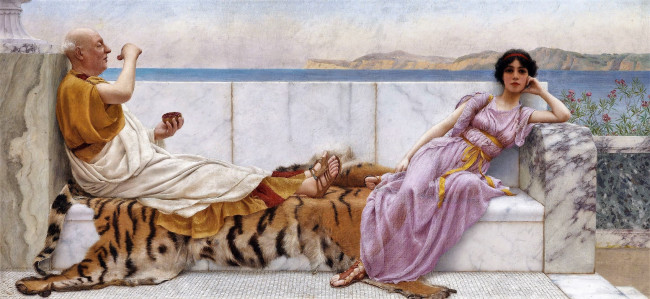 Обои картинки фото рисованное, john william godward, старик, девушка, скамья, шкура