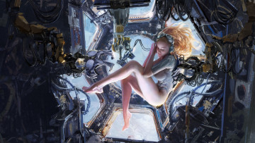 Картинка фэнтези девушки девушка в невесомости космос космическая станция технологии